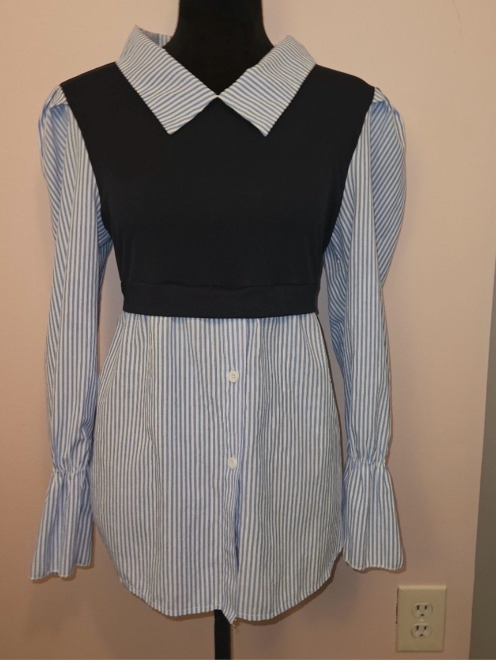 Striped Blue and White Shirt Long Sleece with Navy Vest